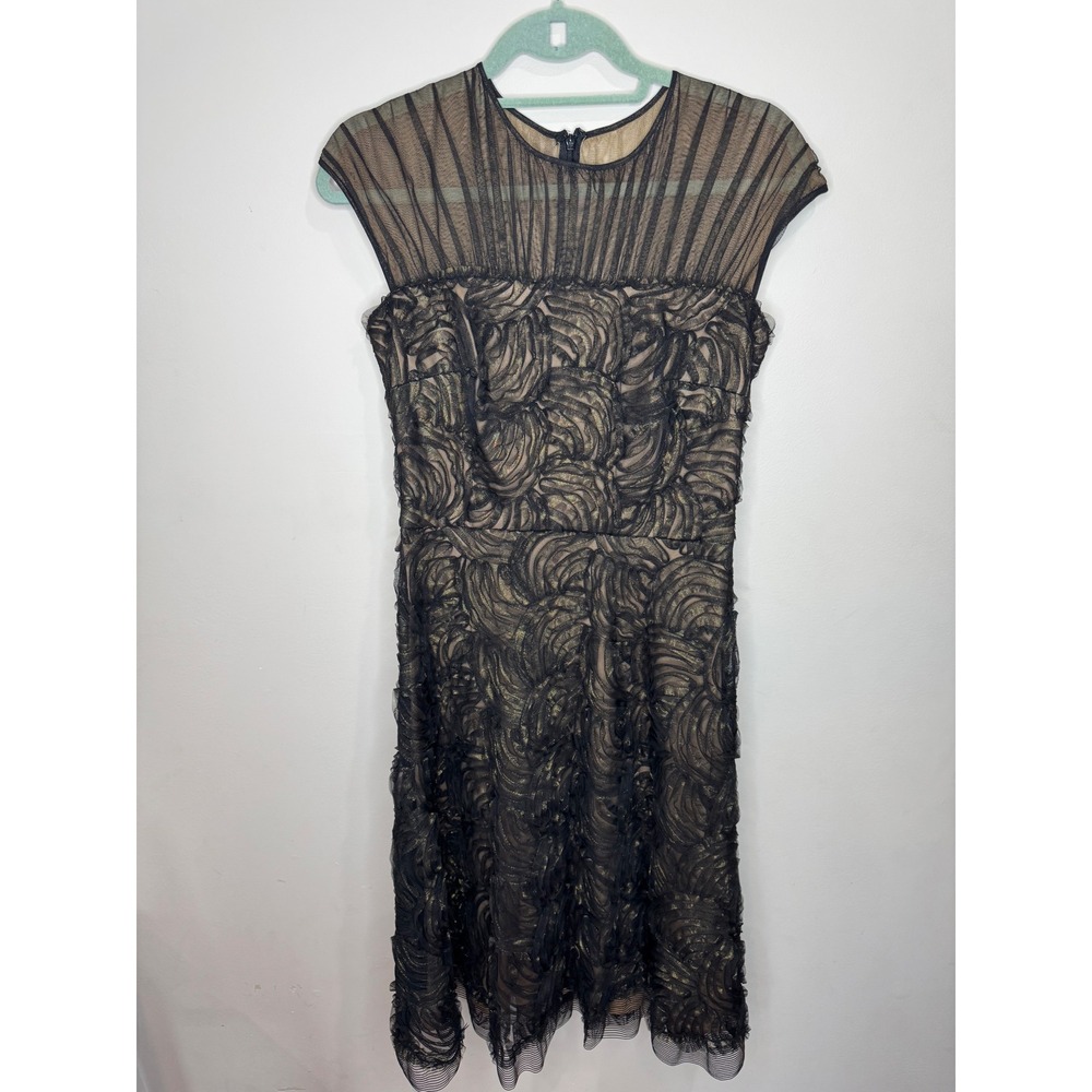 Tadashi Shoji Black Gold Rosette Tulle Cocktail Dress sz 4 - Picture 3 of 7